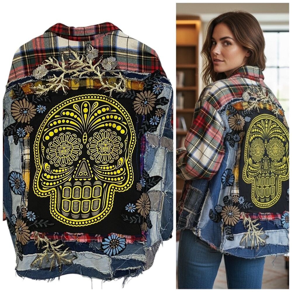 Flannel Shirt Womens 2XL Sugar Skull Shacket Upcycled Grunge Maximalist Rock